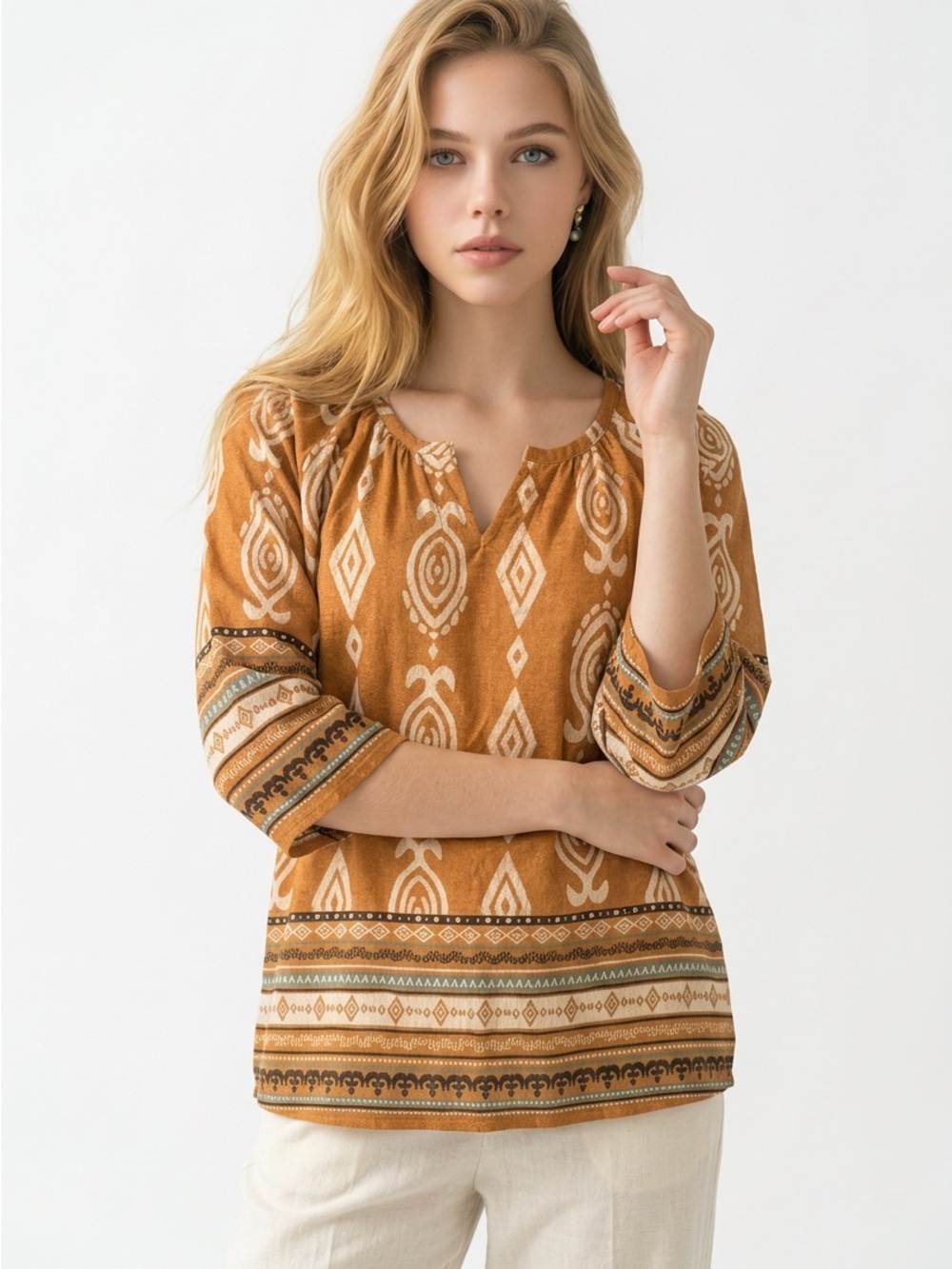 Women's Patterned Mustard Tunic Top with Split Neck